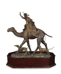 Alfred Dubucand, impressive tri-colour patinated bronze figural group of 'Hunting in the Sahara', patinated bronze