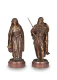 Jean-Jules Salmson, pair of patinated bronze figures of 'Le Guerrier Arabe' and 'La Porteuse', patinated bronze