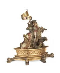 cold painted, parcel gilt and patinated bronze model of St George and the Dragon by Frank O. Salisbury, gilt and patinated bronze, sold Feb 2024
