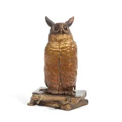 metamorphic erotic cold painted bronze model of an owl enclosing a nude girl by Franz Xaver Bergmann, cold painted bronze, sold Feb 2024