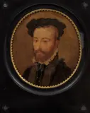 Portrait of a man traditionally identified as the Earl of Essex; and Portrait of a man in a tall hat, a pair by Continental School, oil on stone, oval, offered Feb 2024