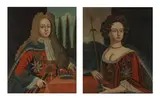 Portrait of a George II and Queen Anne before poplar trees, a pair by Continental School, both oil on canvas, sold Feb 2024
