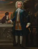 Full length portrait of a gentleman in a blue coat with a dog by English School, oil on canvas, sold Feb 2024