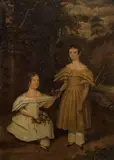 A portrait of two young girls in parkland by English School, oil on board, offered Feb 2024