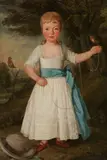 British School, 18th century, Portrait of a young girl with robins, oil on canvas