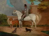 Richard Whitford, Equestrian portrait of a gentleman on a grey horse and his dogs, oil on canvas