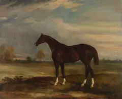 John Ferneley Senior, Mr E H Reynard's Liver chestnut hunter "Revolution" in a landscape, Hutton Cranswick church and windmill in the distance, oil on canvas