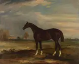 John Ferneley Senior, Mr E H Reynard's Liver chestnut hunter "Revolution" in a landscape, Hutton Cranswick church and windmill in the distance, oil on canvas