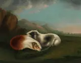 Two guinea pigs in a landscape by British School, oil on canvas, sold Feb 2024
