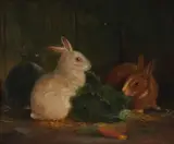 Three rabbits dining by British School, oil on canvas, sold Feb 2024