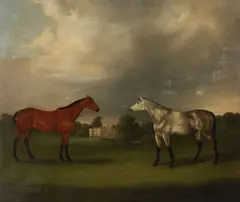 A grey dapple and a chestnut in a country park by William Joseph Shayer, oil on canvas, sold Feb 2024