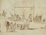 Incident in a town square by called Le Baron Attalin Louis Marie Baptiste Atalin, pen and ink, sold Feb 2024