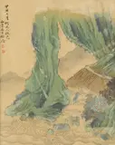 Gu Luo, Three paintings of Blue and Green Landscape, Three album leaves mounted