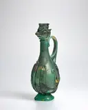 Ermanno Nason, Unique Caraffa Scavo con Testa, for Vetreria Gino Cenedese, opaque green scavo glass with applied decoration, gold foil, and applied with handle and circular foot
