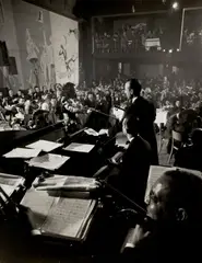 Gjon Mili, Lucienne Boyer Performing with Orchestra, Café Society Uptown, New York City, 1947, Gelatin silver print; the photographer's copyright credit stamp, 'Life Picture Collection' stamp, and Time Inc. copyright credit stamp on the verso