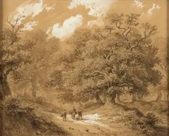 Anonyme, Scène forestière, Wash and highlights on paper