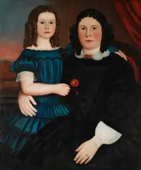 British Naïve School, Portrait of a mother and daughter, oil on canvas