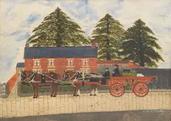 William Wood, A cart and horses outside a cottage, oil on canvas laid to board