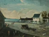 Naïve school, A village scene with coaching, oil on board