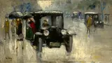 Lesser Ury, Regennasse Straße mit Autodroschke, Berlin“. 1920er-Jahre, Öl auf Leinwand, auf Karton, auf Holz