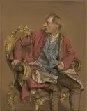 Adolph von Menzel, Herr in Rokokotracht, in einem Sessel sitzend