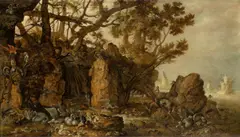 Hans Savery d.J., Steinige Küstenlandschaft mit Dodos und anderen Vögeln – nach Roelant Savery (1576/78–1639), 1625, Öl auf Eichenholz (seitlich abgefast)