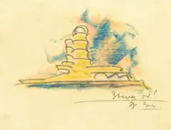 Der Einsteinturm in Potsdam by Erich Mendelsohn, 1919, Farbige, schwarze und weiße Kreide auf Transparentpapier, sold Nov 2017