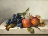 Emilie Preyer, Früchtestilleben mit blauen und weißen Weintrauben, zwei Aprikosen am Zweig und zwei Haselnüssen