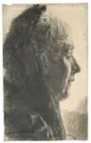 Adolph von Menzel, Frau mit Mantille im Profil nach rechts, 1894, Bleistift, gewischt, auf Papier