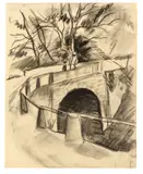 August Macke, Brücke über den Bach, 1913, Kohle auf Papier, am Oberrand auf Papier montiert
