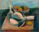 Rudolf Levy, Stilleben mit Fruchtschale, Melone und Karaffe, 1923, Öl auf leinenstrukturierter Pappe