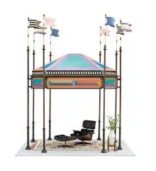 Charles and Ray Eames, Freestanding kiosk, Iron, walnut, plastic-laminated, and hand-painted surfaces