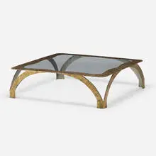 Coffee table by Silas Seandel, 1984, textured bronzed steel, glass, sold Oct 2021