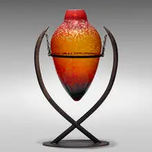 Duncan McClellan, Large vase on stand, hand-blown and acid-etched glass, wrought iron