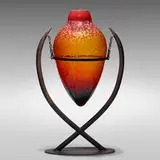 Duncan McClellan, Large vase on stand, hand-blown and acid-etched glass, wrought iron