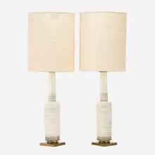 Stiffel, Table lamps, pair, c. 1960, glazed ceramic, brass, linen