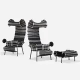 Tord Boontje, Shadowy lounge chairs, pair, and ottoman, 2009, enameled steel, nylon cord