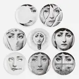 Collection of eight Tema e Variazioni plates by Piero Fornasetti, c. 1995, transfer-printed porcelain, sold Oct 2021