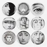 Collection of nine Tema e Variazioni plates by Piero Fornasetti, c. 1995, transfer-printed porcelain, sold Oct 2021