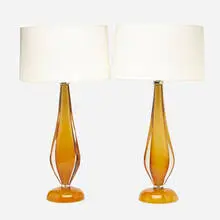 Mazzega, Table lamps, pair, c. 1960, blown glass, chrome-plated metal, paper