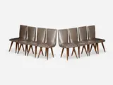 Dining chairs, set of eight by Vladimir Kagan, c. 1955, walnut, faux shagreen, sold Oct 2021
