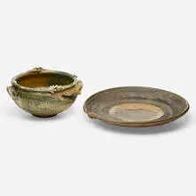 Vessel and charger by Don Reitz, c. 1980, salt-glazed stoneware, sold Oct 2021