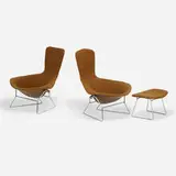 Harry Bertoia, Bird chairs, pair and ottoman, chrome-plated steel, wool upholstery