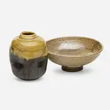 Vase and bowl by Toshiko Takaezu, glazed porcelain, glazed stoneware, sold Oct 2021