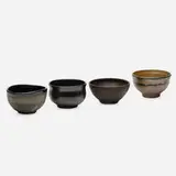 Collection of four tea bowls by Toshiko Takaezu, glazed porcelain, glazed stoneware, sold Oct 2021