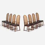 Milo Baughman, Dining chairs, set of eight, c. 1965, walnut, woven cane, vinyl