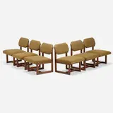 Taliesin low dining chairs, set of six by Frank Lloyd Wright, 1955, mahogany, wool upholstery, sold Oct 2021