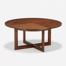 Taliesin low extension dining table by Frank Lloyd Wright, 1955, mahogany, embossed copper, sold Oct 2021