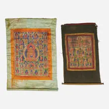 Tibetan, Thangkas, set of two, hand-painted silk and linen