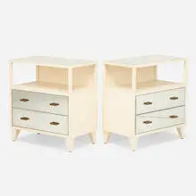 John Brown, Oralia nightstands, pair, c. 2015, pine, mirrored glass, patinated brass